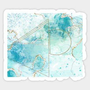 Alcohol ink in blue and turquoise w. gold lines and geometry Sticker